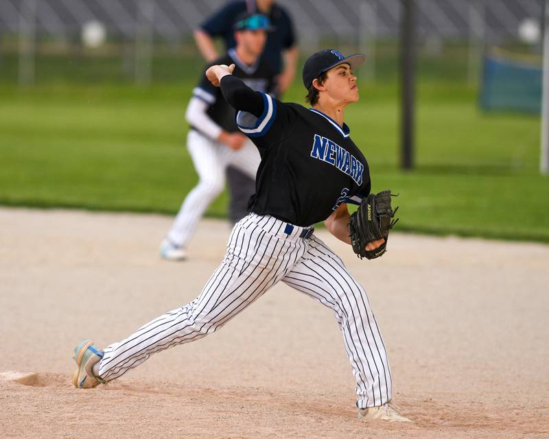 Newark's Eastin McBroom (24) pitches during the game on Tuesday May 13, 2025, while traveling to take on Somonauk High School.