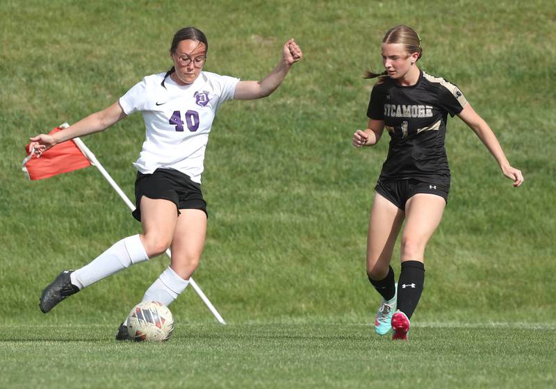 Dixon’s Rachel Lance tries to get the ball by Sycamore's Elizabeth Goff during their game Thursday May 15, 2025, at Sycamore High School.