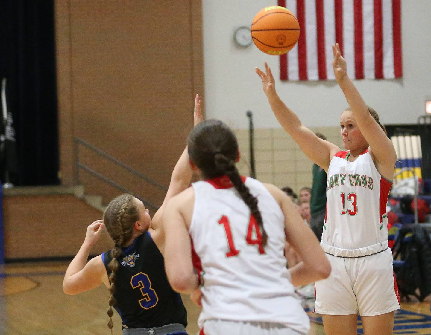 La Salle-Peru's Ashley Kawiecki shoots a jump shot over Somonauk-Leland's Macey Kinney during the Tim Humes Breakout Tournament on Friday, Nov. 22, 2024 at Somonauk High school.