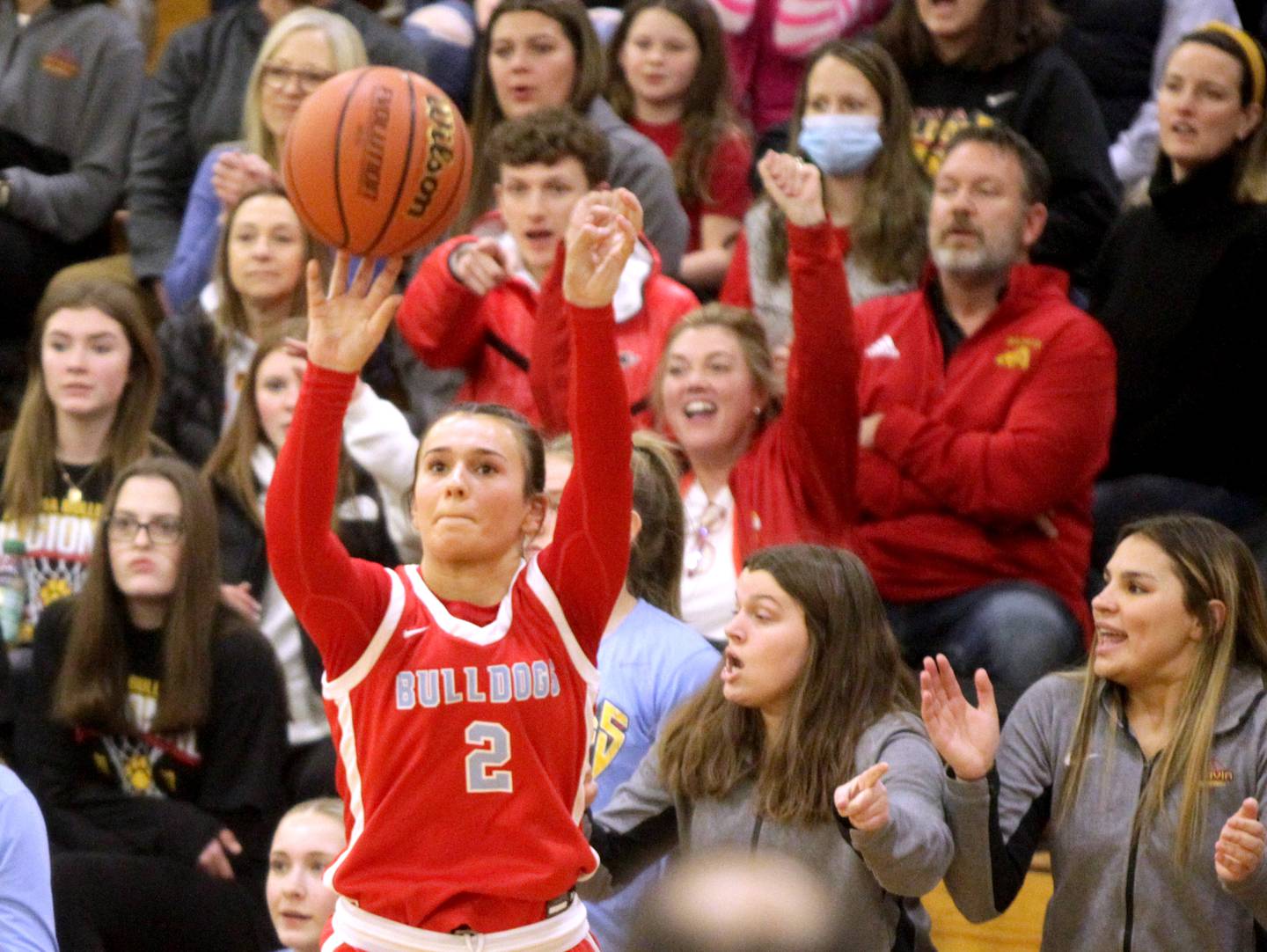 Batavia’s Brooke Carlson shoots three points during a Class 4A Glenbard West Sectional semifinal against St. Charlse North in Glen Ellyn on Tuesday, Feb. 21, 2023.