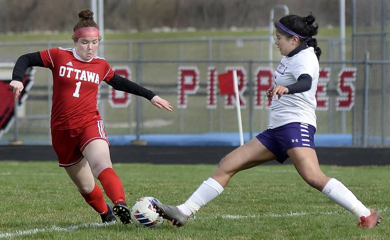 Ottawa’s Bella Petty stops a rush by Rochelle’s Elvish Mendez-Arguelles  in the first half during a match  on Wednesday, April 5, 2023 at King Field in Ottawa.