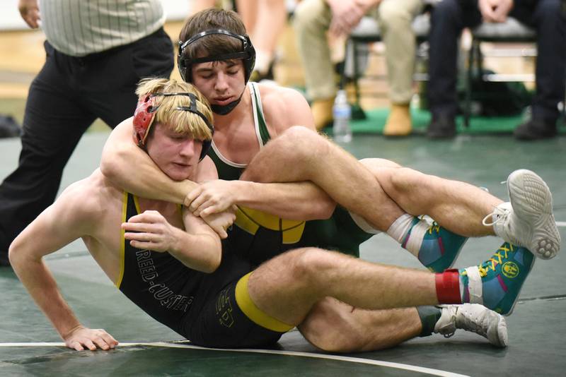 Coal City's Brock Finch, right, control's Reed-Custer's Nathan Vogler during the Illinois Central Eight Conference 170-pound championship match at Coal City Saturday, Jan. 24, 2026.