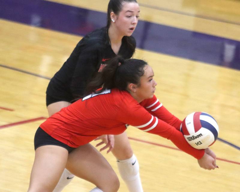 Huntley’s Sophia Tocmo passes the ball in varsity girls volleyball at Hampshire High School in Hampshire on Tuesday, Sept. 23, 2025.