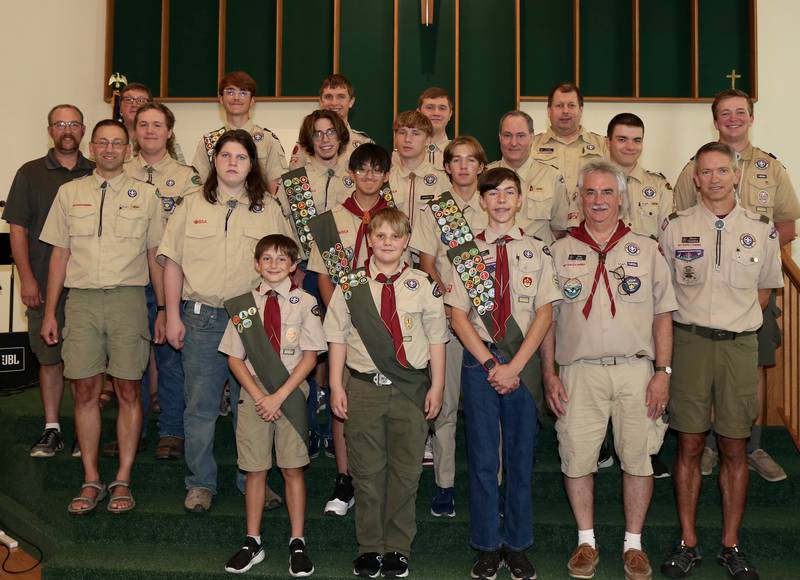 Current scouts and leaders from Boy Scout Troop 7 pose for a photo at the troop’s 100th Anniversary Celebration on Sunday, Sept. 15, 2024 at the Community Congregational Church in Elburn.
