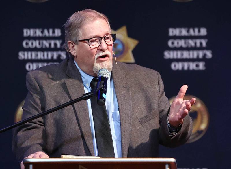The Rev. Robert Stewart gives a pastoral message during the memorial service for former DeKalb County Sheriff Roger Scott Friday, March 7, 2025, at Bethany Road Bible Church in DeKalb. Scott, who was the county sheriff for 36 years, died on February 23 at the age of 78.
