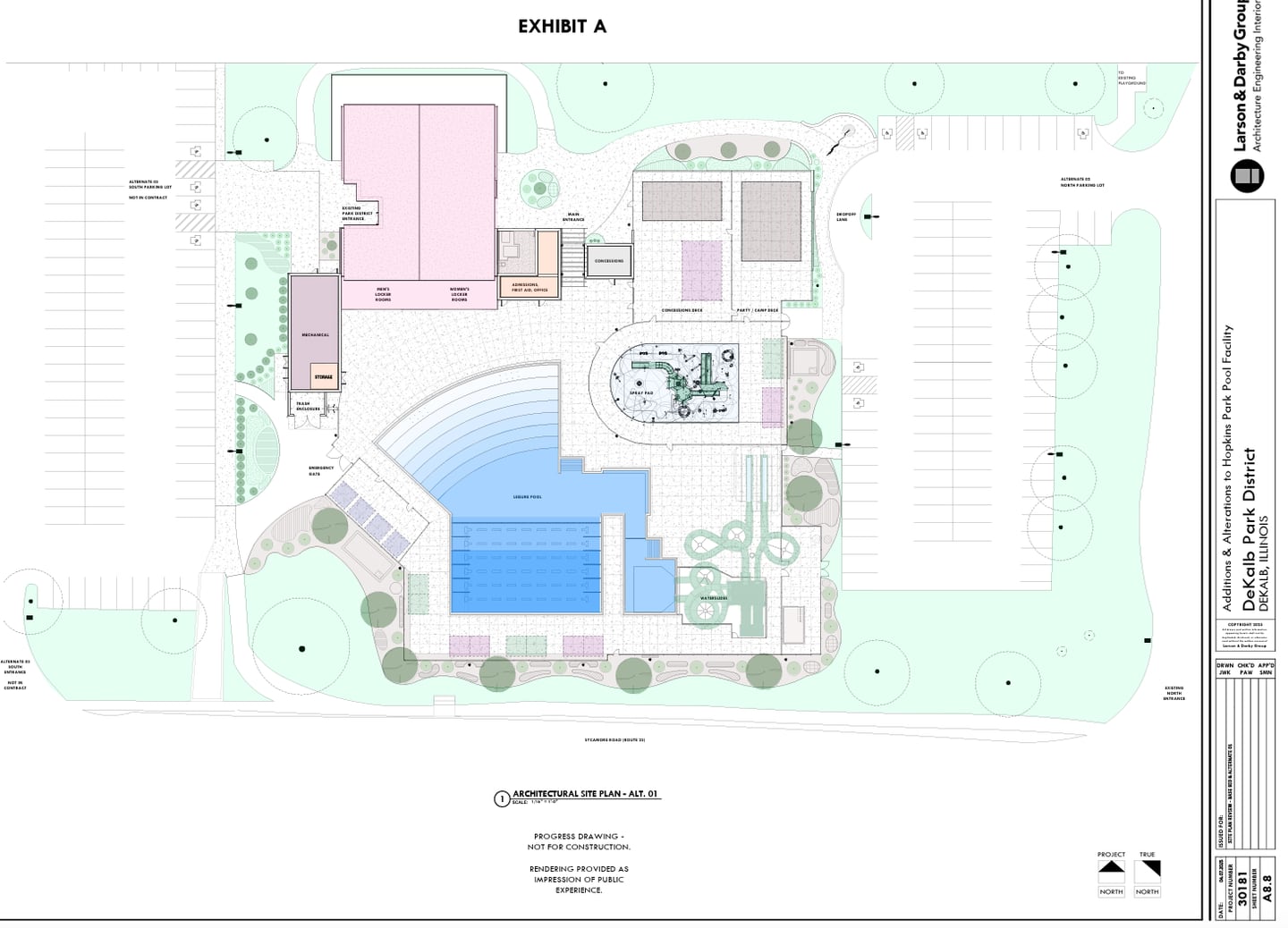 Site plans for the new Hopkins Pool in DeKalb, presented by architect Stephen Nelson to the DeKalb Planning and Zoning Commission on Monday, May 19, 2025. Nelson is CEO of Larson and Darby Group, the architectural firm that was contracted by the DeKalb Park District.