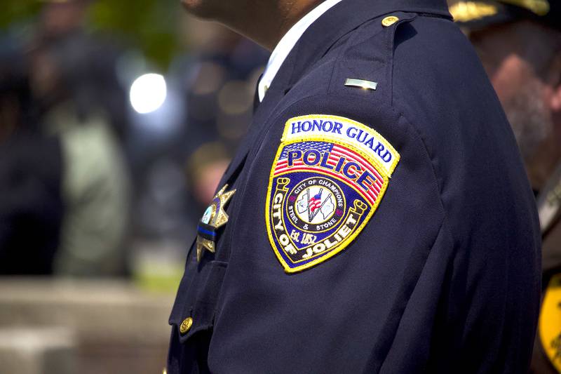 A badge for the Joliet Police Honor Guard on Thursday, May 8, 2025, at the Will County Law Enforcement Memorial, 14 W. Jefferson St., Joliet. A ceremony was held for the 44th Annual Will County Law Enforcement Memorial Day.