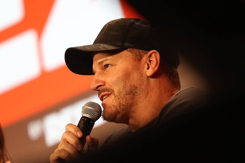 Actor David Boreanaz, who played Angel, from the TV series Buffy the Vampire Slayer speaks at the cast reunion panel at C2E2 Chicago Comic & Entertainment Expo on Saturday, April 1, 2023 at McCormick Place in Chicago.