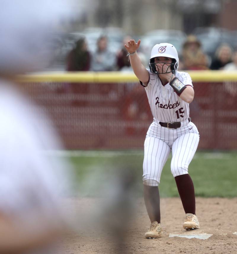 Richmond-Burton's Rebecca Lanz celebrates a double during a Kishwaukee River Conference softball game against Harvard on Thursday, April 9, 2026, at Richmond-Burton High School.
