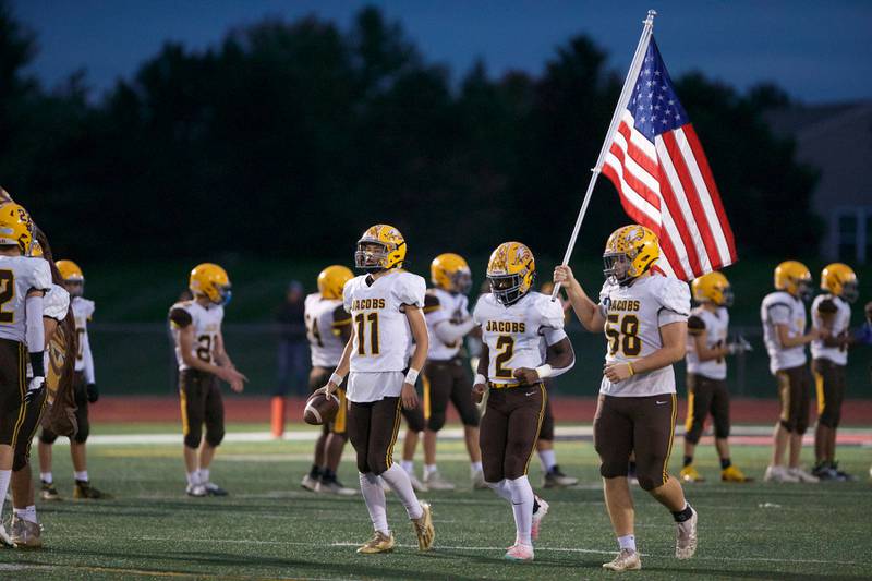 Jacobs takes the field against Huntley on Friday, Sept. 23,2022 in Huntley.