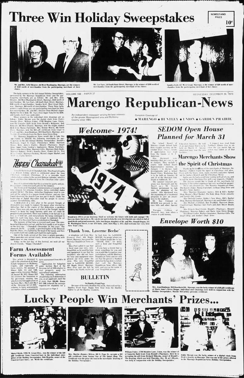 The front page of the Marengo Republican-News on Dec. 26, 1973.
