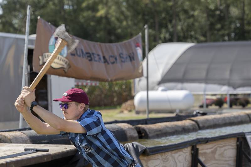Tim Knutson takes aim Saturday, October 5, 2024, during Rock Falls Tourism’s Lumberjack Show.