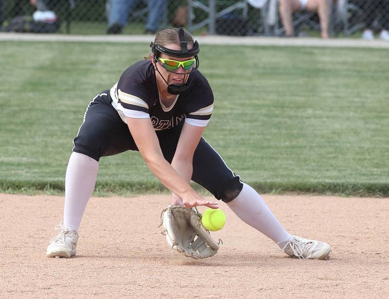 Sycamore's Brighton Snodgrass knocks down a ground ball during their Class 3A supersectional game Monday, June 3, 2024, against Antioch at Kaneland High School in Maple Park.