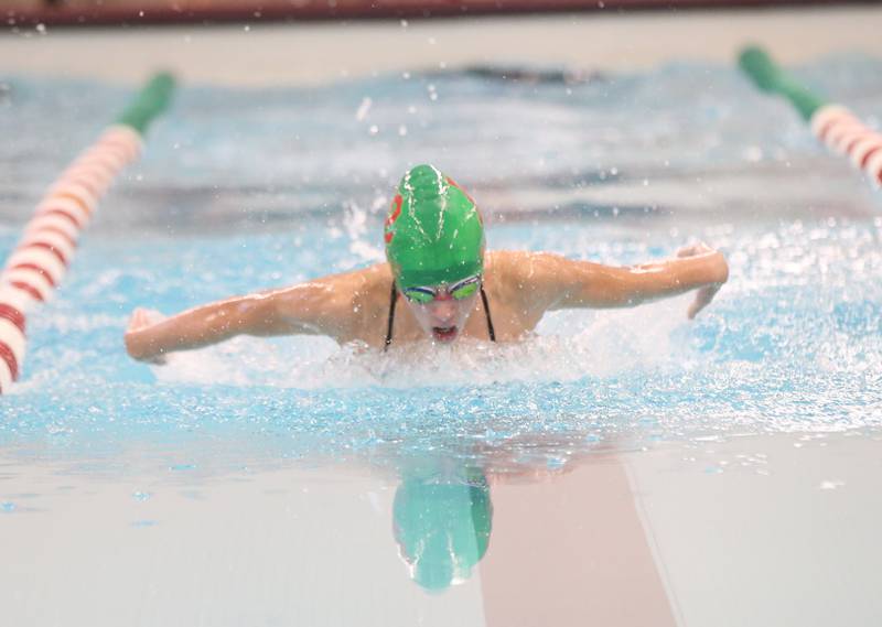 L-P's Sam Nauman competes in the 100 yard butterfly during a swimming meet on Tuesday, Oct. 10, 2023 at L-P High School.