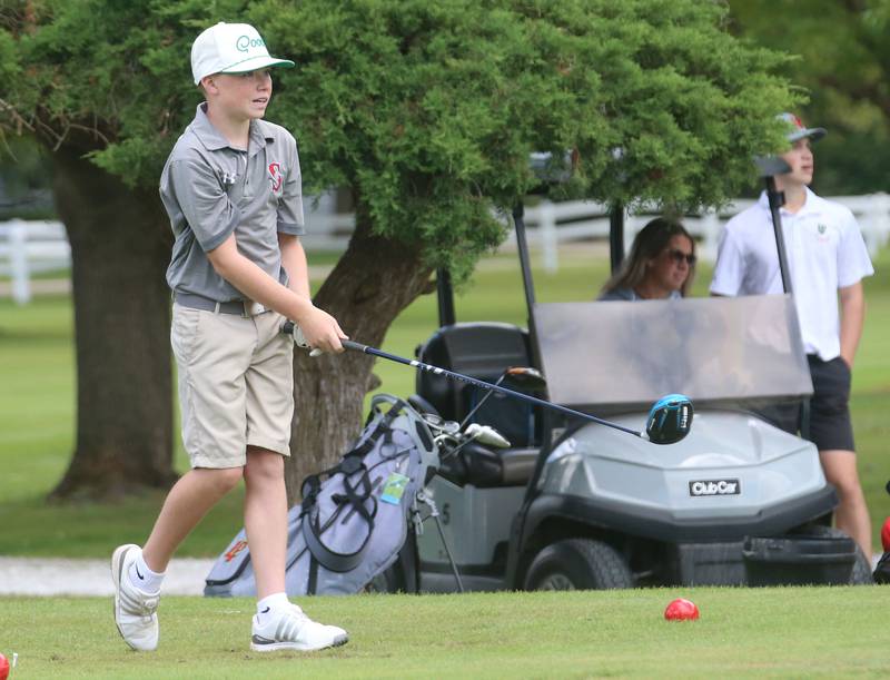 Streator's Rocco Vanduzer, tees off on the second hle during the Streator Bulldog Invitational on Monday, Aug. 25, 2025 at Eastwood Golf Course in Streator.