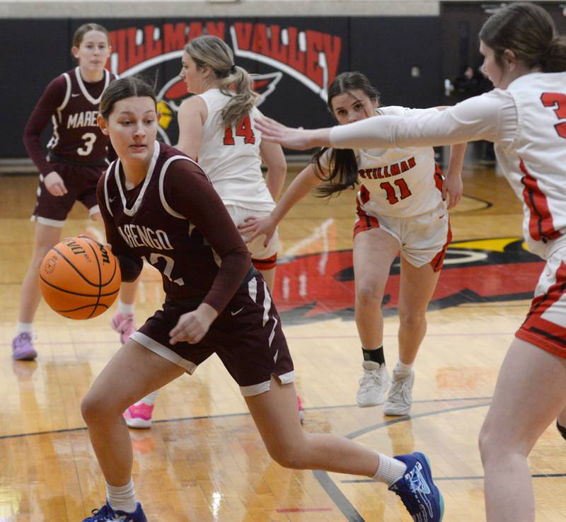 Marengo's Gabby Gieske makes a move to the basket as Stillman Valley's Brooke Jordal defends at the 2A Stillman Valley Regional on Monday, Feb. 17, 2025 at Stillman Valley High School.