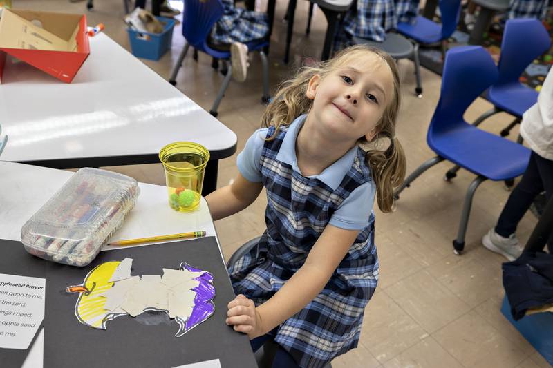 “Because I love purple and yellow,” said St. Anne’s kindergartener Hayden Burke about her color choices for a craft she and others made at the school during its science, technology, religion, engineering, arts and math event.