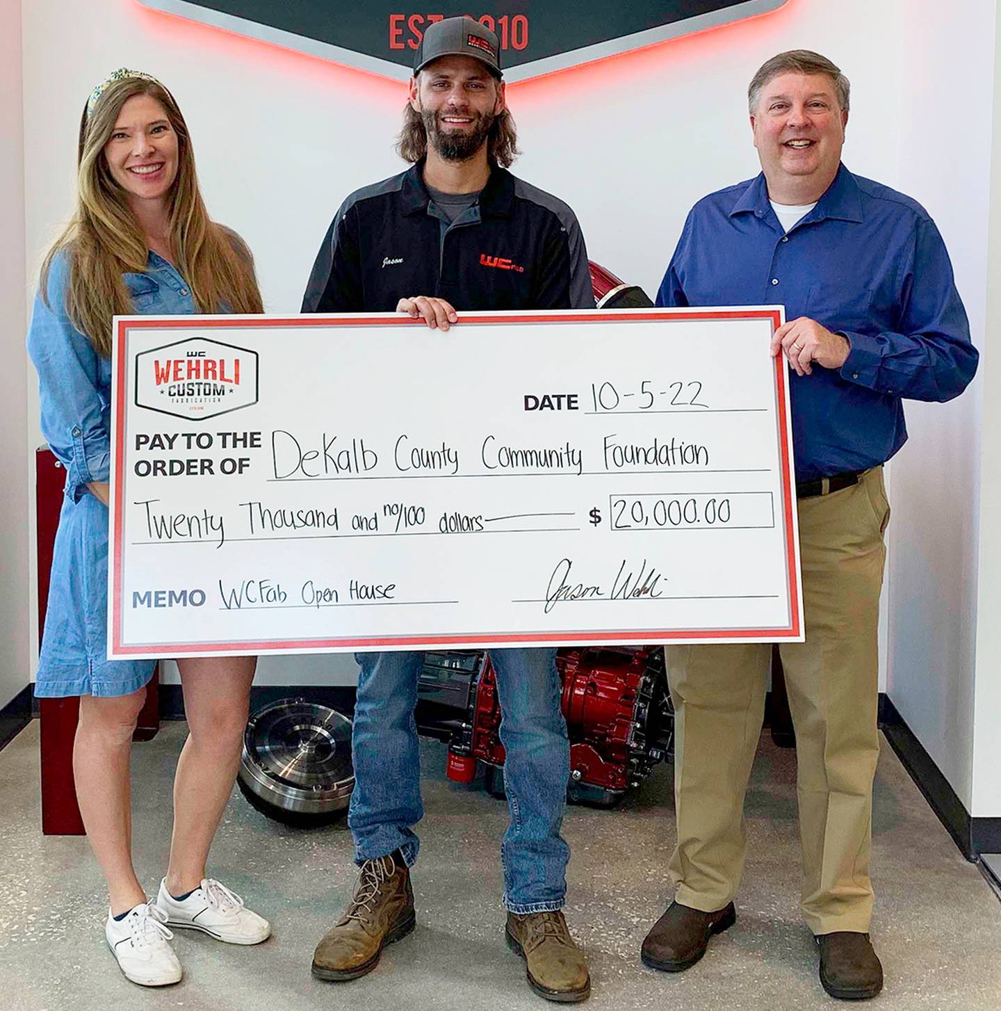 (Left to right); DeKalb County Community Foundation representative Becky Zantout, Jason Wehrli and Dan Templin donating to the Wehrli Custom Fabrication Scholarship Fund.