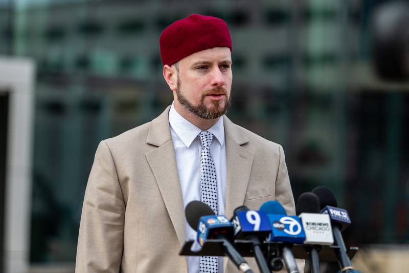 CAIR-Chicago Staff Attorney Joseph Milburn delivers remarks at the Will County Courthouse in Joliet on Feb. 24. before the first day of the trial against Joseph Czuba.
