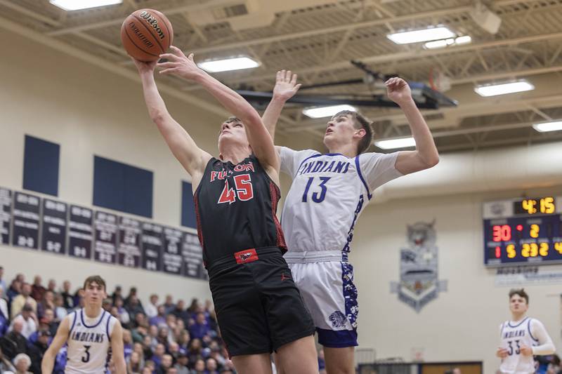 Fulton’s Landen Leu puts up a shot against Pecatonica’a Jordan Gassman during a class 1A sectional semifinal Wednesday, Feb. 28, 2024 at River Ridge High School.