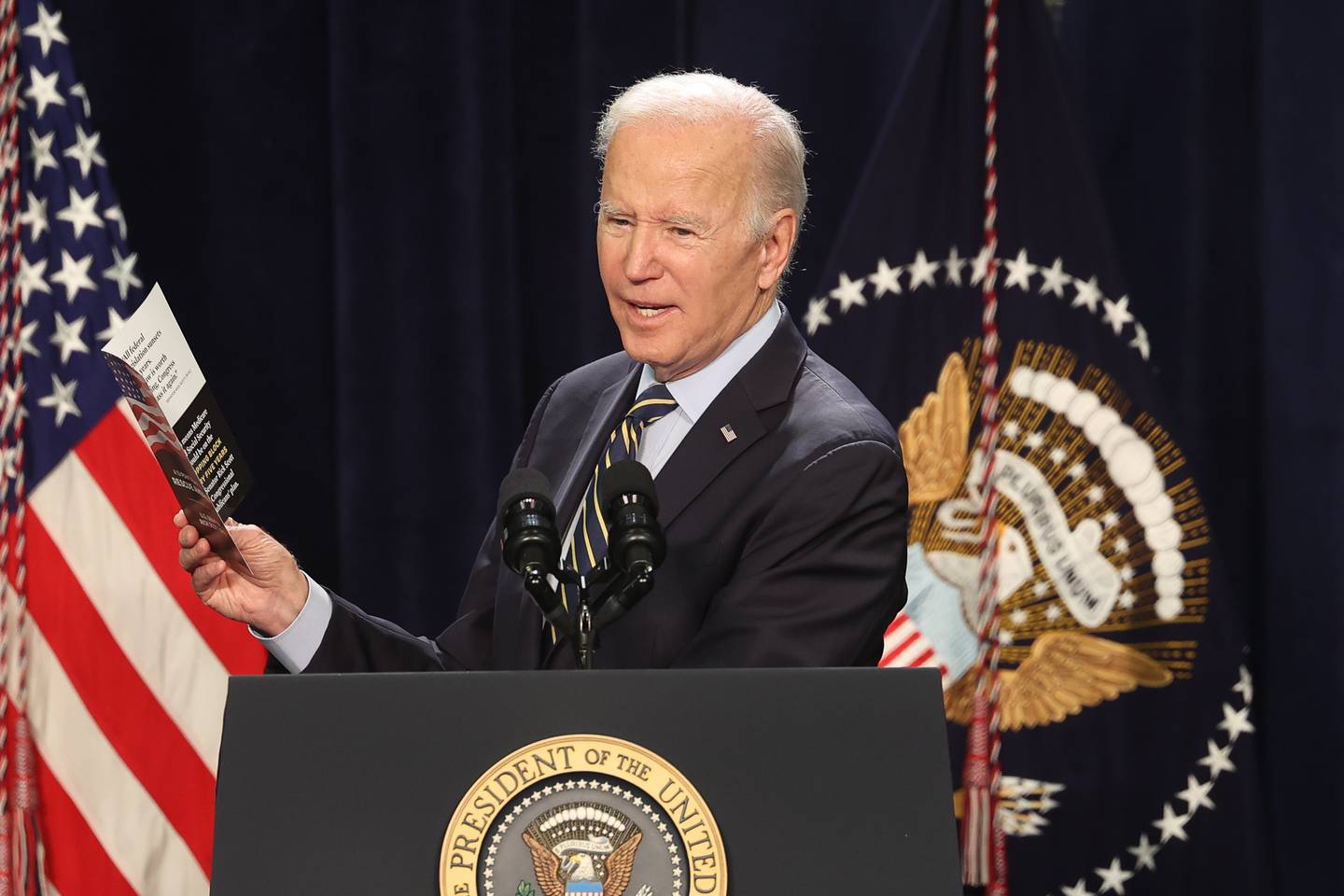 President Joe Biden speaks about Social Security and Medicare during a stop in Joliet at Jones Elementary School on Saturday.
