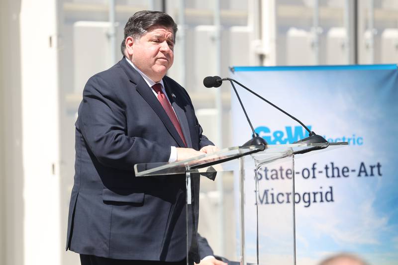 Governor J.B. Pritzker speaks outside the G&W Electric building in Bolingbrook. G&W Electric was given a rebate of $2.6 million, the largest rebate to date in Illinois, as part of ComEd’s Distributed Generation Rebate Program.