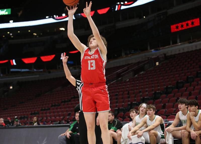 Streator's Blaize Bressner shoots a wide-open jump shot against Seneca during a game on Tuesday, Dec. 21, 2023 at the United Center in Chicago.
