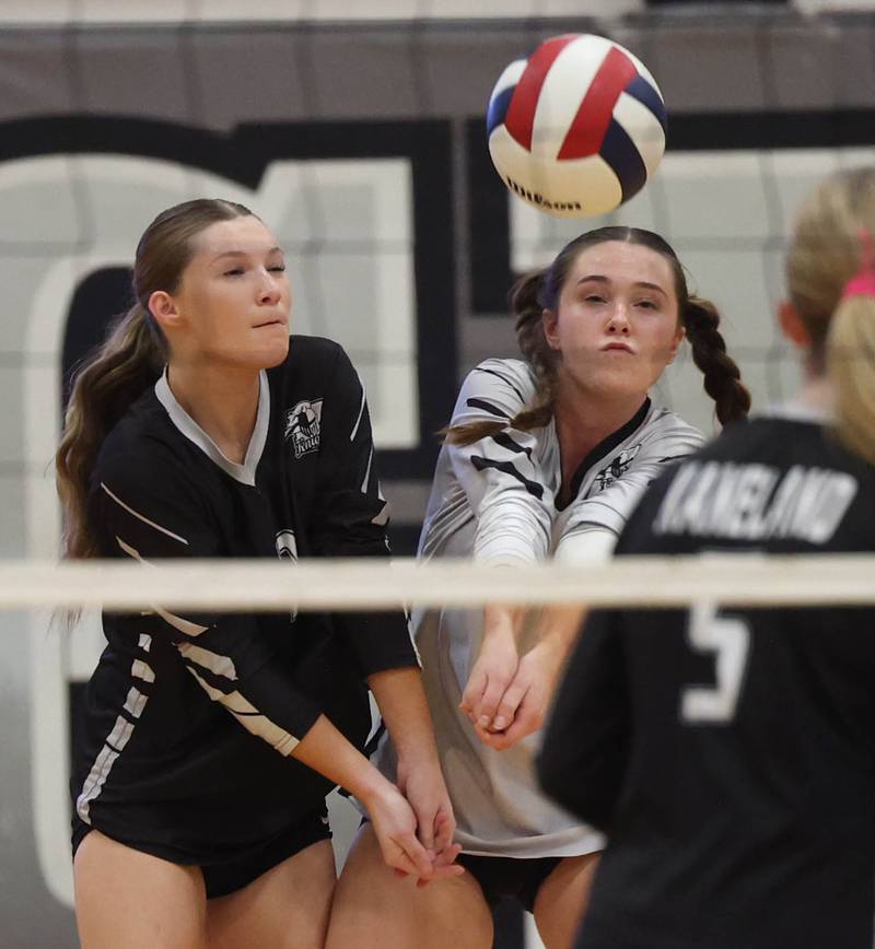 Kaneland's Olivia Davis (left) and Kaneland's Grace Remsen collide while trying to receive a serve during their match against Sycamore Tuesday, Sept. 30, 2025, at Kaneland High School in Maple Park.