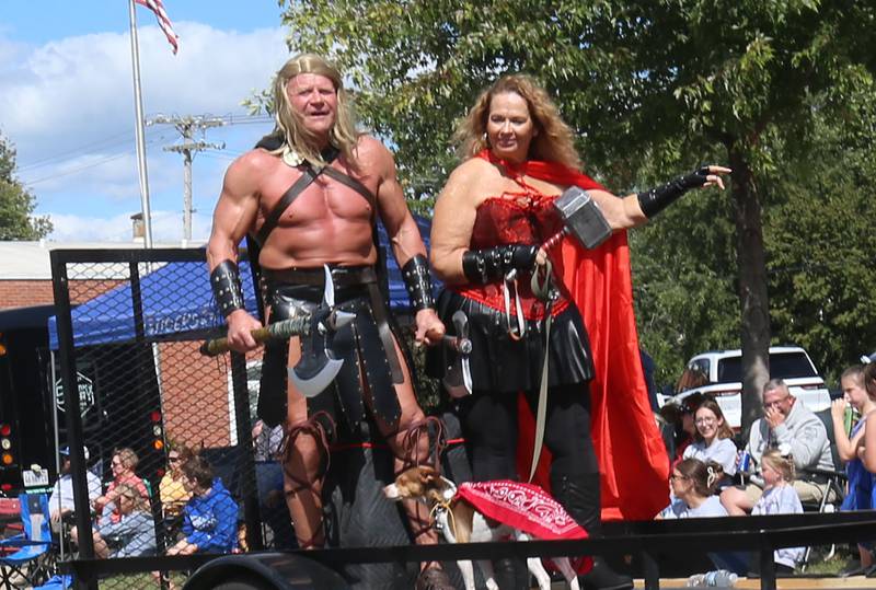 Thor God of Thunder and Lady Thor ride on a float during the 54th annual Homestead Festival parade on Saturday, Sept. 6, 2025 in Princeton.