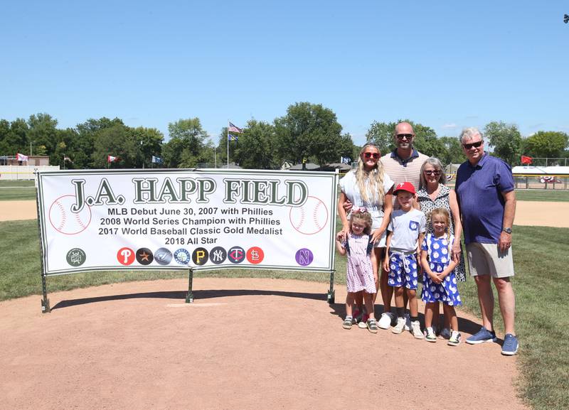 J.A., Morgan, Bella, Sloan, James "JJ" Sue and Jim Happ pose for a photo during the J.A. Happ Day and field dedication on Sunday, July 30, 2023 at Washington Park in Peru. during the J.A. Happ Day and field dedication on Sunday, July 30, 2023 at Washington Park in Peru.