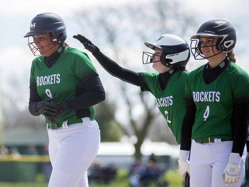 Rock Falls' Taylor Reyna is congratulated after hitting a home run Saturday, April 16, 2022 against Bureau Valley.