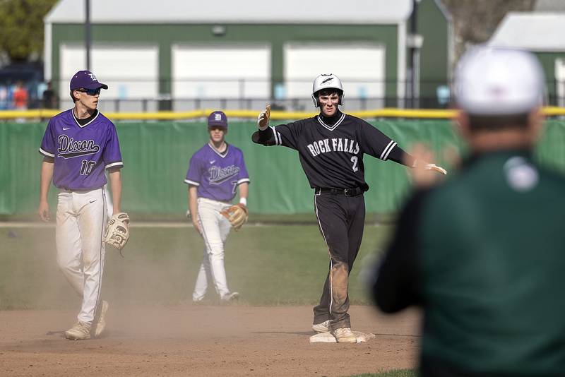 Rock Falls’ Brady Richards celebrates a double against Dixon on Tuesday, April 18, 2023.