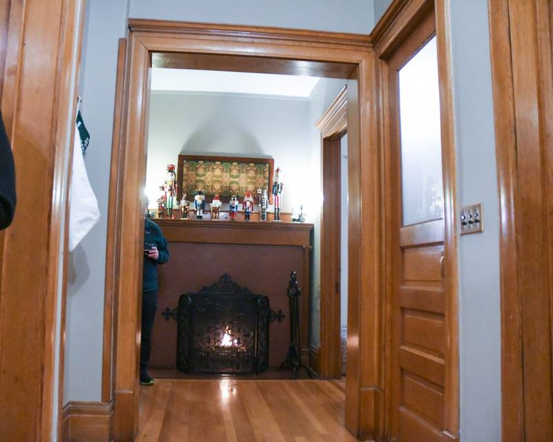 The fireplace is one of the first things you view when walking into the Henderson Home that was a moonlight home that Frank Lloyd Wright did that is on South La Grange Road during the Holiday Sip and Sweet Tour event held in La Grange on Sunday Dec. 17, 2023.