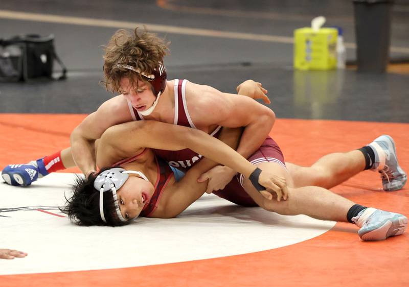 Moline’s Pablo Perez tries to turn South Elgin’s Paul Bayna in a 170 pound match Wednesday, Nov. 23, 2022, during a quad at DeKalb High School.