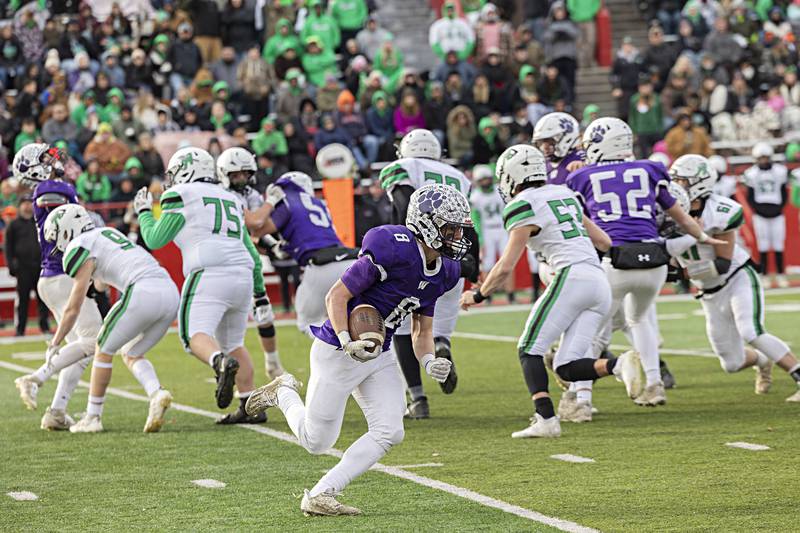 Wilmington's Kyle Farrell gets past the defense on a reversal and runs it runs it in for a TD against Athens Friday, Nov. 24, 2023 in the 2A state football championship game at Hancock Stadium in Normal.