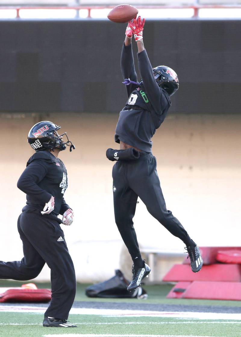 Northern Illinois University linebacker Daveren Rayner makes a catch during a drill at spring practice Friday, April 7, 2023, in Huskie Stadium at NIU in DeKalb.