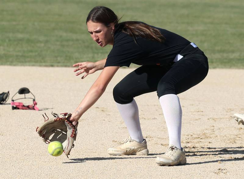 Ayla Gould, a Kishwaukee Valley Storm 17u and DeKalb High School softball player, takes ground balls Wednesday, June 26, 2024, during 17u practice at the Sycamore Community Sports Complex. The team is preparing for this weekend’s Storm Dayz softball tournament at the complex which draws dozens of teams from throughout the area.