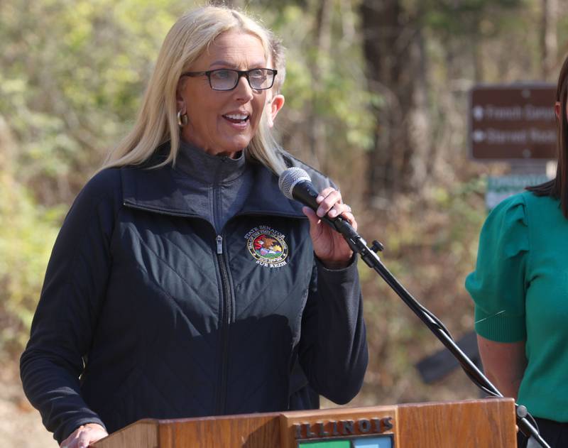State Sen. Sue Rezin speaks during a press conference on Friday, Nov. 14, 2025 at Starved Rock State Park. Starved Rock State park will receive a total of 37 million upgrade to trail improvement that is expected to get underway this winter and continue through 2026.