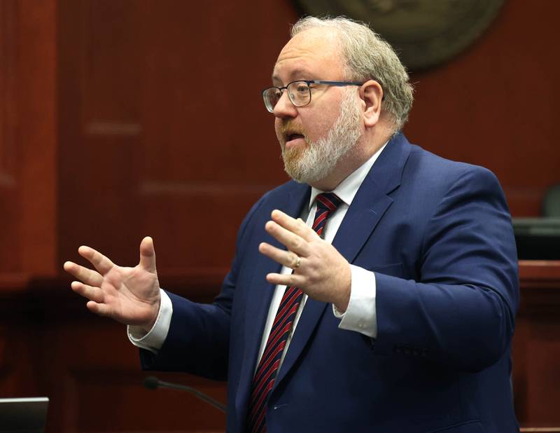 Prosecutor Brooks Locke presents his closing argument Thursday, Jan. 30, 2025, during day six of the Jonathan D. Hurst trial at the DeKalb County Courthouse in Sycamore. Hurst is charged in the 2016 killings of elderly mother and son Patricia and Robert Wilson in Sycamore.