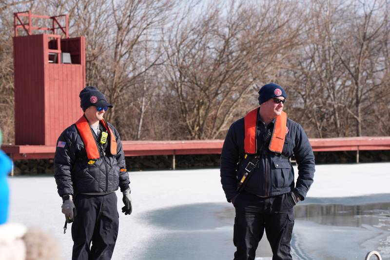 Ottawa fire members Brian Dose and Kevin Theis of Ottawa oversee jumper safety at the 2025 Penguin Plunge Saturday, Jan. 25, 2025 at Skydive Chicago in Ottawa.