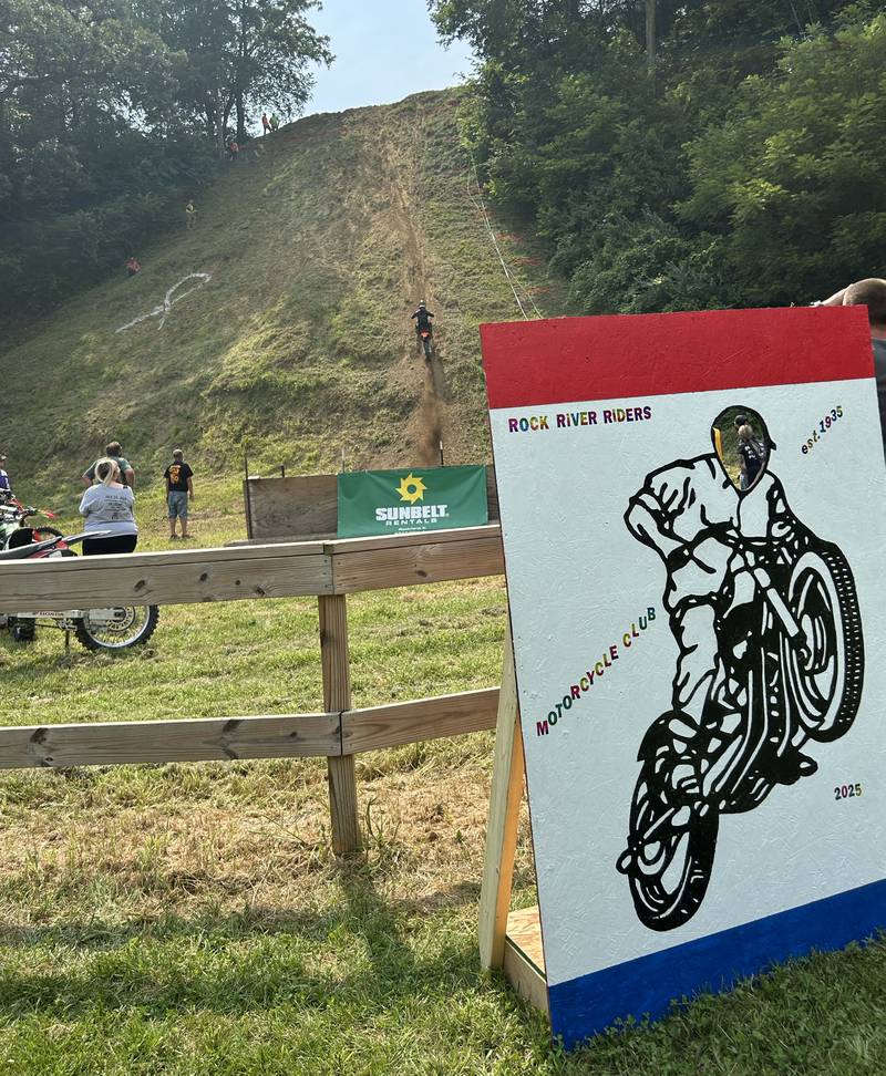 A rider heads up the hill at the Rock River Riders Motorcycle Club's hillclimb on Sunday, Aug. 3, 2025. The club is celebrating its 90th anniversary.
