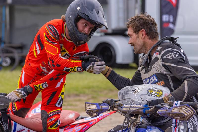 Respect is shown among the competitors at the ATVMX Championship in all divisions. Here pro racers Jeffrey Rastrelli (left) congratulates Chad Wienen after a hard fought battle during the ATVMX Championship race on May 24, 2025 at Sunset Ridge MX in Walnut.