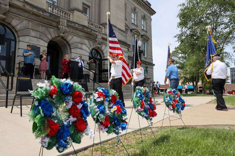 Members of Kankakee Veterans Council Color Guard retire the colors on Monday, May 26, 2025, during the Kankakee County Veterans' Council annual Memorial Day Ceremony at the Kankakee County Courthouse.