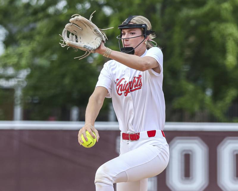 Lincoln-Way Central's Lisabella Dimitrijevic (13) delivers to the plate during Class 4A Lockport sectional softball game between Lincoln-Way Central at Lincoln-Way West on Tuesday, June 3, 2025 in Lockport.