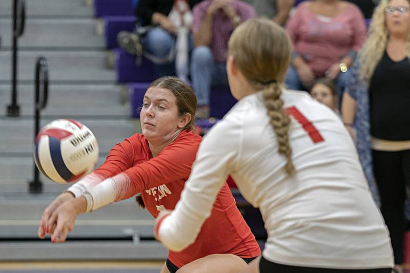 Oregon’s Lexi Ebert passes the ball against Dixon Tuesday, Sept. 26, 2023 at Dixon High School.Tuesday, Sept. 26, 2023.