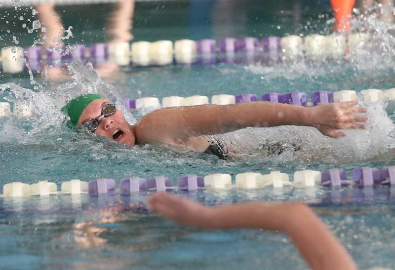 L-P co-op's Addisyn Budnick competes in the 100 yard freestyle on Tuesday, Oct. 8, 2024 at the Illinois Valley YMCA in Peru.