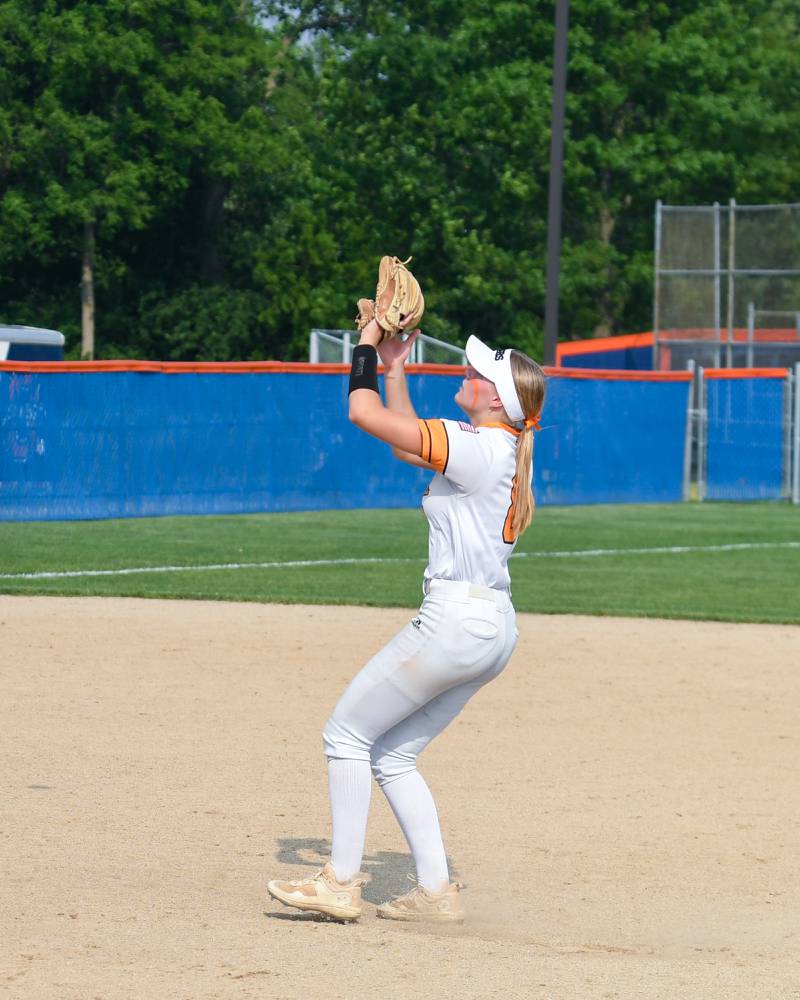 Wheaton Warrenville South's Nelia Kirichun (8) catches the ball for an out during the sectional semifinal game on Thursday June 5, 2025, while taking on Wheaton. North at Oswego High School.