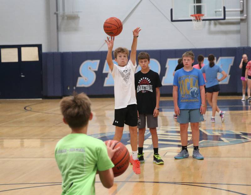 Blake Burns of Erie, takes a jump shot during the Fellowship of Christian Athletes Basketball Camp on Tuesday, July 8, 2025 at Bureau Valley High School.
