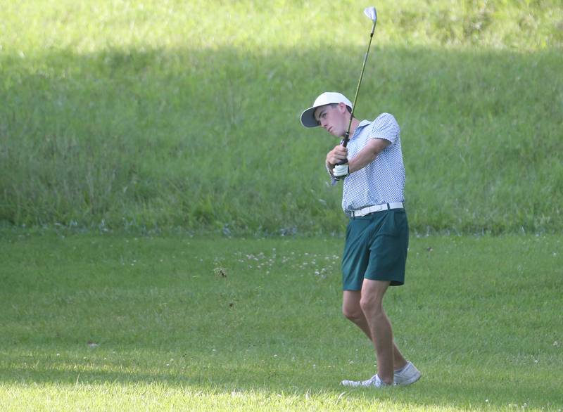 Colt Bryson hits his ball to the green Wyatt Novotney during the Illinois Valley Mens Golf Championship Tournament on Sunday, July 27, 2025 at Spring Creek Golf Course in Spring Valley.