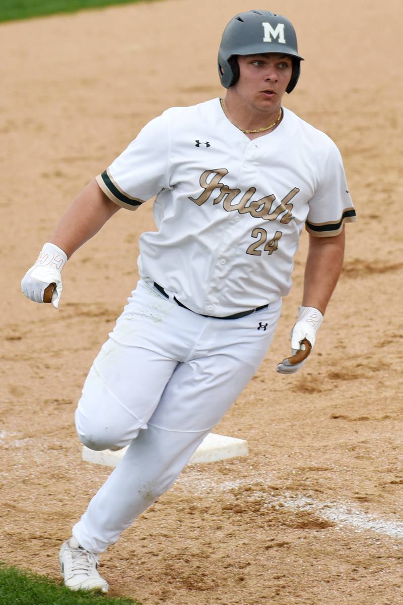 Bishop McNamara's Ian Irps rounds third during a home game against Marian Central Friday, April 17, 2026.